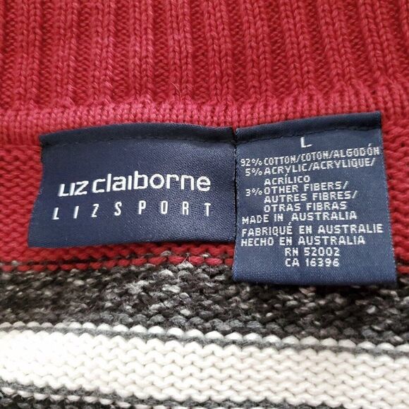 Striped Cotton Cardigan Sweater L Zip Closure Collared Sporty Red Black White - Picture 4 of 5